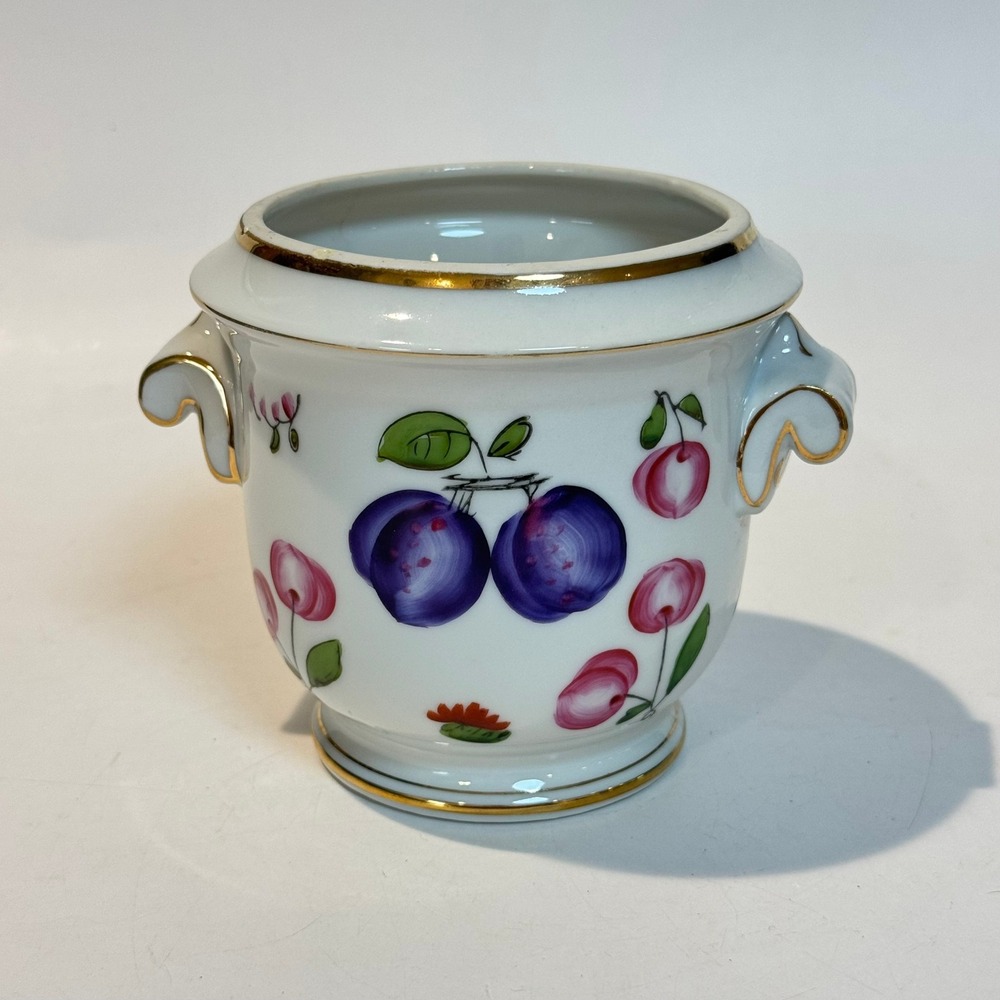 Vintage Hand Painted Italian Porcelain Cachepot Jardiniére w Gilt Scroll Handles